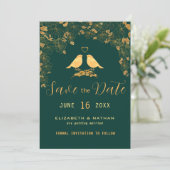 Elegant Emerald Green & Gold Floral Birds Save the Save The Date (Staand voorkant)