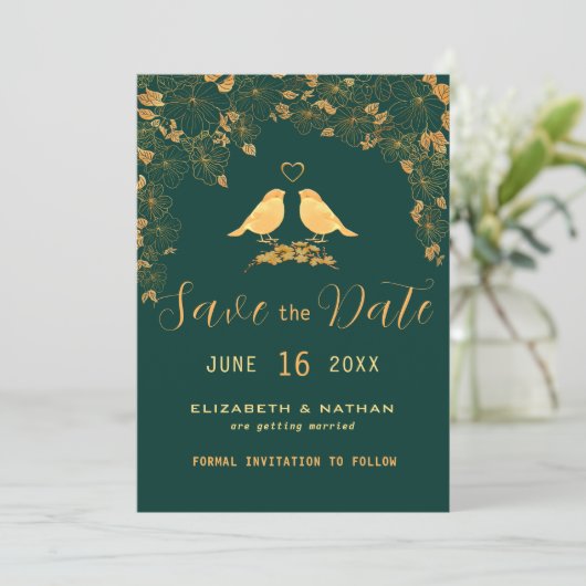 Elegant Emerald Green & Gold Floral Birds Save the Save The Date (Staand voorkant)
