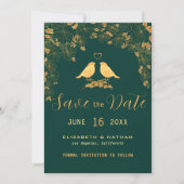 Elegant Emerald Green & Gold Floral Birds Save the Save The Date (Voorkant)