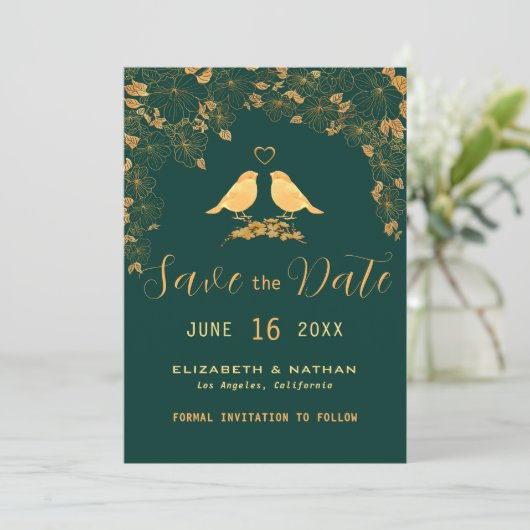 Elegant Emerald Green & Gold Floral Birds Save the Save The Date (Staand voorkant)