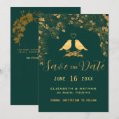 Elegant Emerald Green & Gold Floral Birds Save the Save The Date (Voorkant / Achterkant)