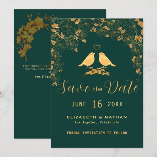 Elegant Emerald Green & Gold Floral Birds Save the Save The Date (Voorkant / Achterkant)
