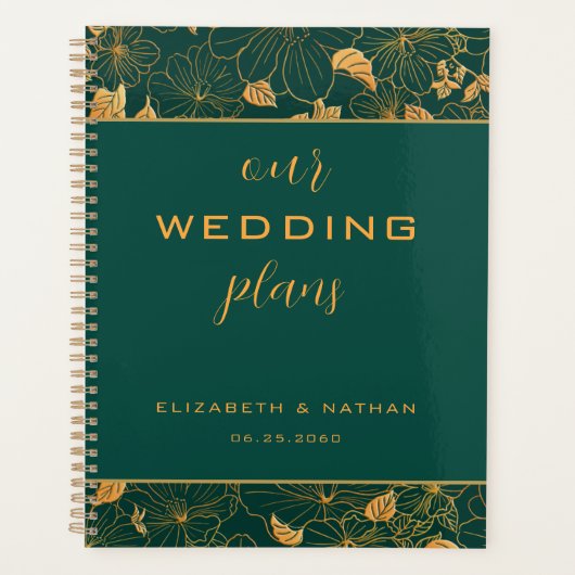 Elegant Emerald Green Gold Floral Pattern Wedding Planner (Voorkant)