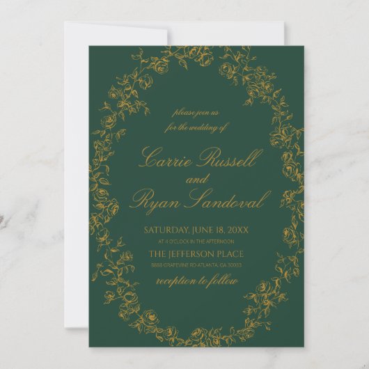 Elegant Emerald Green Gold Floral Roses Wedding Kaart (Voorkant)