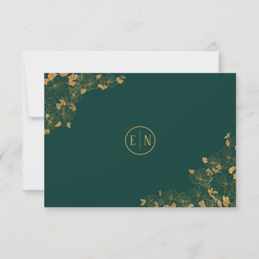 Elegant Emerald Green & Gold Floral RSVP (Achterkant)
