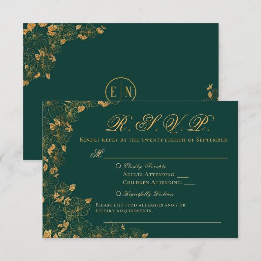 Elegant Emerald Green & Gold Floral RSVP (Voorkant / Achterkant)