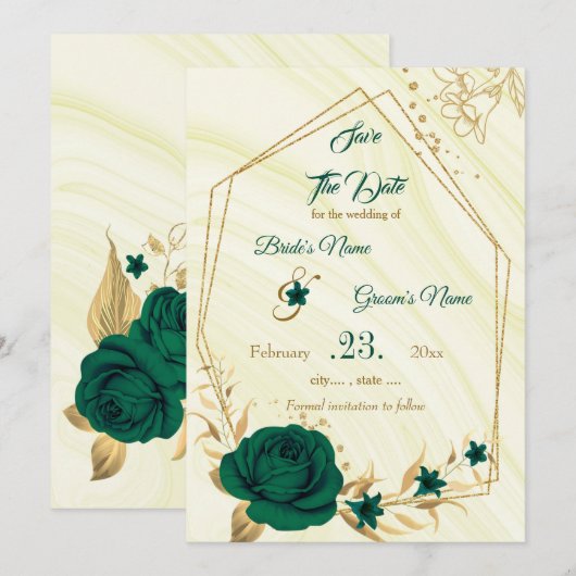 elegant emerald green gold floral save the date (Voorkant / Achterkant)