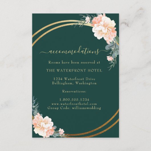 Elegant Emerald Green Gold Floral Wedding Details Informatiekaartje (Voorkant)