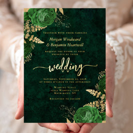Elegant Emerald Green Gold Floral Wedding Folie Uitnodiging