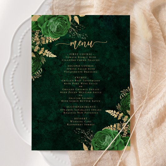 Elegant Emerald Green Gold Floral Wedding Kaart
