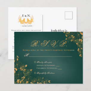 Elegant Emerald Green & Gold Floral Wedding RSVP Briefkaart