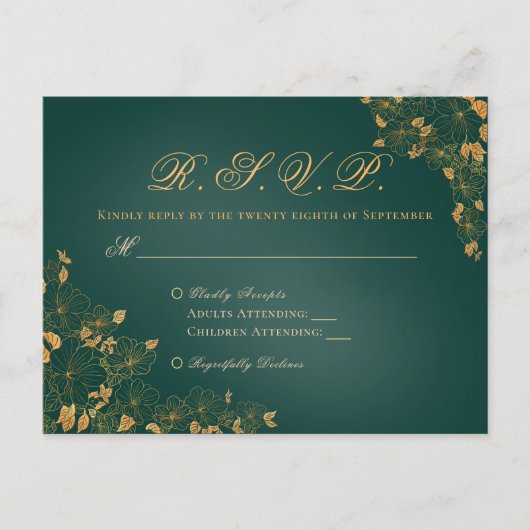 Elegant Emerald Green & Gold Floral Wedding RSVP Briefkaart (Voorkant)