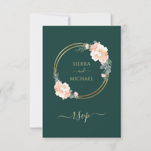 Elegant Emerald Green Gold Floral Wedding RSVP Kaartje (Voorkant)