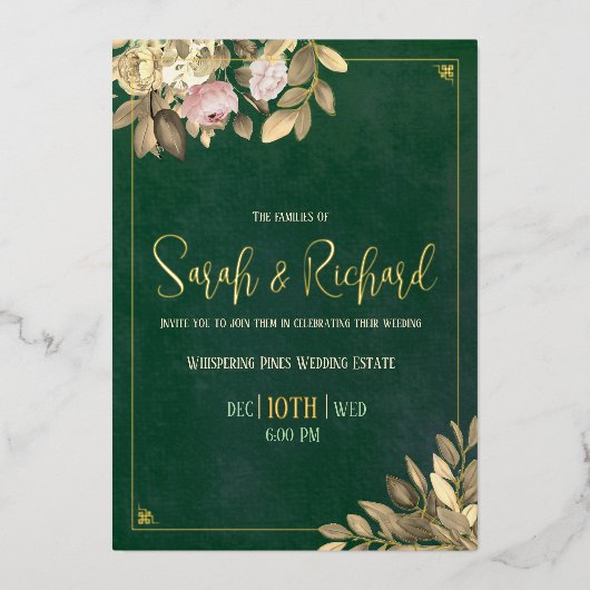 Elegant Emerald Green Gold Foil Wedding Folie Uitnodiging (Voorkant)