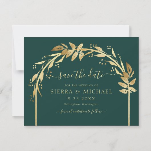 Elegant Emerald Green Gold Foliage Arch Wedding Save The Date (Voorkant)