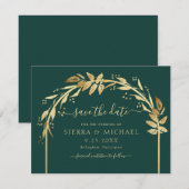 Elegant Emerald Green Gold Foliage Arch Wedding Save The Date (Voorkant / Achterkant)