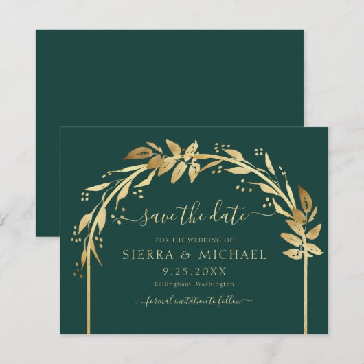 Elegant Emerald Green Gold Foliage Arch Wedding Save The Date (Voorkant / Achterkant)