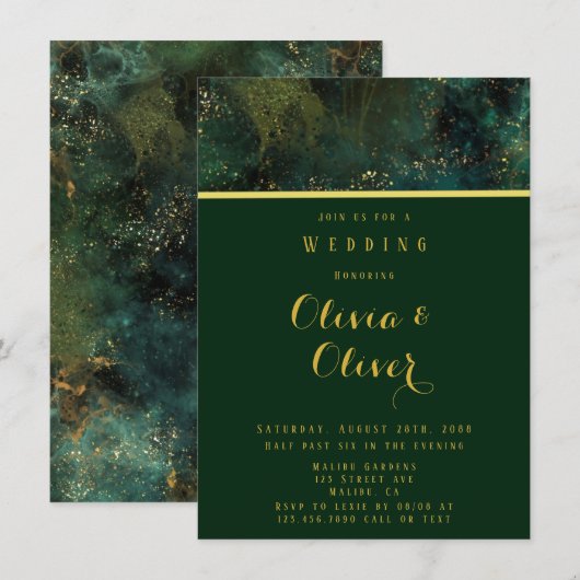 Elegant Emerald Green & Gold Glitter Agate Wedding Kaart (Voorkant / Achterkant)