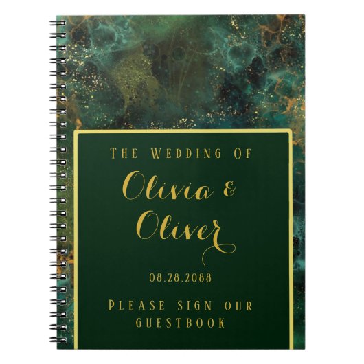 Elegant Emerald Green & Gold Glitter Wedding Guest Notitieboek (Voorkant)