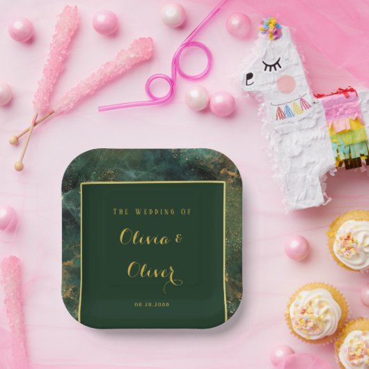 Elegant Emerald Green & Gold Glitter Wedding Papieren Bordje (Feest)