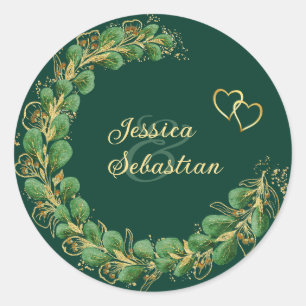 Elegant Emerald Green & Gold Jewel Tone Wedding Ronde Sticker