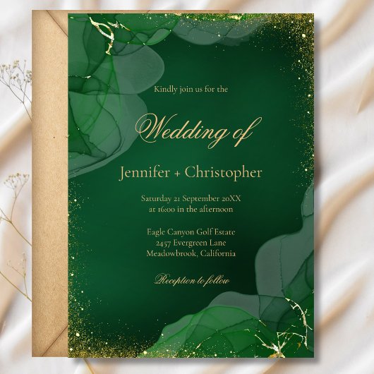 Elegant Emerald Green Gold Marble Wedding Kaart