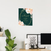 Elegant Emerald Green Gold Peach Floral Wedding Poster (Thuiskantoor)