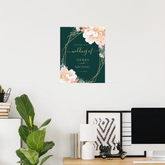 Elegant Emerald Green Gold Peach Floral Wedding Poster (Thuiskantoor)