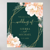 Elegant Emerald Green Gold Peach Floral Wedding Poster (Voorkant)