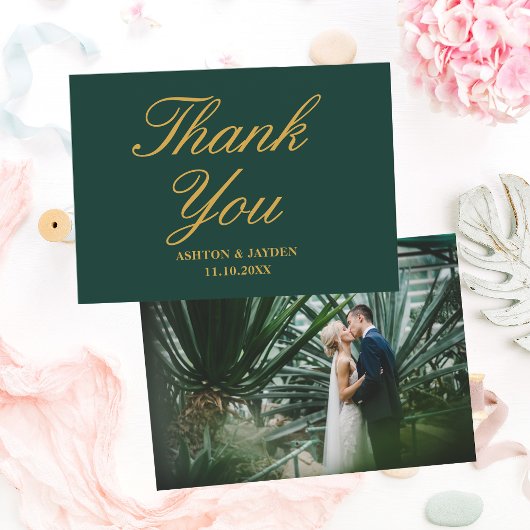 Elegant Emerald Green Gold Photo Wedding Bedankkaart
