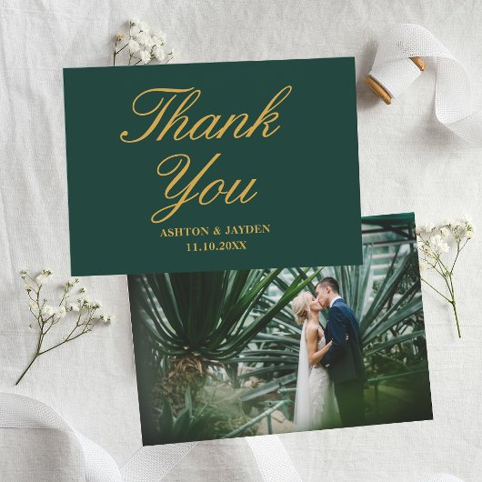 Elegant Emerald Green Gold Photo Wedding Bedankkaart