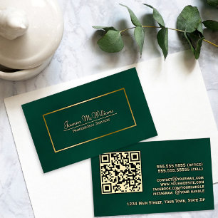 Elegant Emerald Green & Gold Professional QR-code Visitekaartje