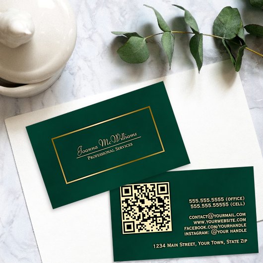 Elegant Emerald Green & Gold Professional QR-code Visitekaartje