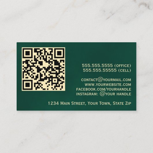 Elegant Emerald Green & Gold Professional QR-code Visitekaartje (Achterkant)
