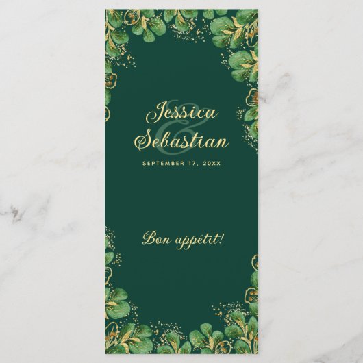 Elegant Emerald Green & Gold Rustic Wedding Menu (Achterkant)