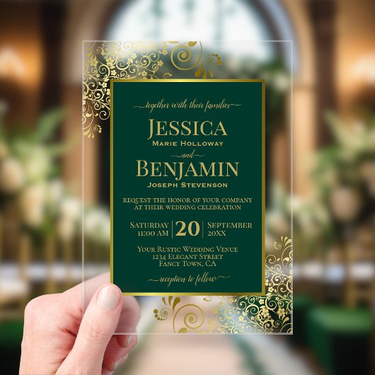 Elegant Emerald Green & Gold Stylish Text Wedding Acryl Uitnodigingen