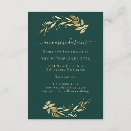 Elegant Emerald Green Gold Wedding Accommodations Informatiekaartje (Voorkant)