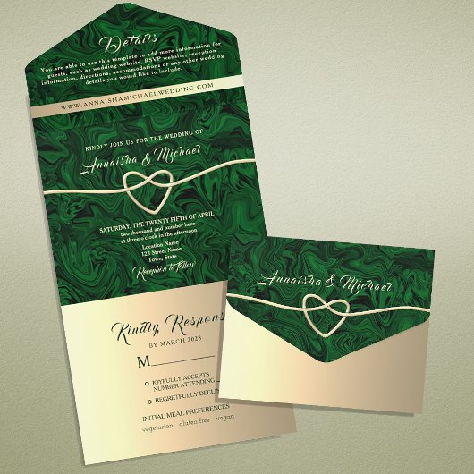 Elegant Emerald Green Gold Wedding All In One Uitnodiging