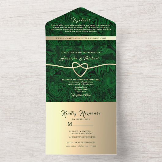 Elegant Emerald Green Gold Wedding All In One Uitnodiging (Binnen)
