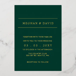Elegant Emerald Green Gold Wedding Folie Uitnodiging