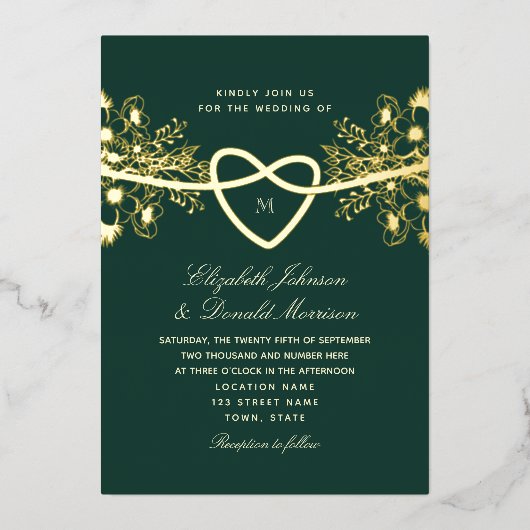 Elegant Emerald Green Gold Wedding Folie Uitnodiging (Voorkant)