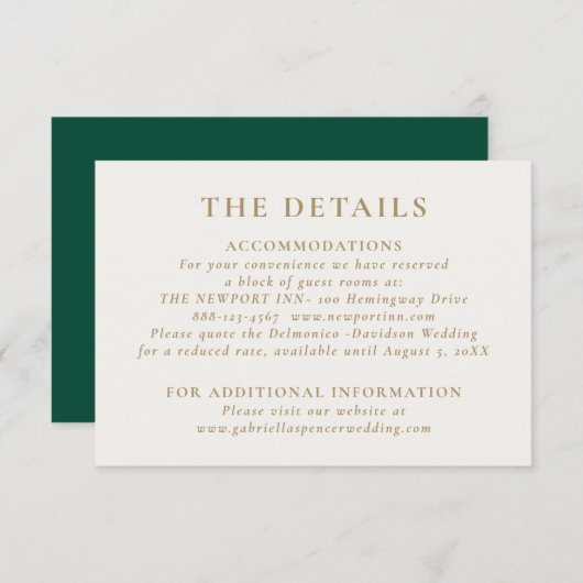 Elegant Emerald Green Gold Wedding - Gegevens Informatiekaartje (Voorkant / Achterkant)