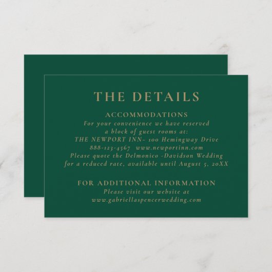 Elegant Emerald Green Gold Wedding - Gegevens Informatiekaartje (Voorkant / Achterkant)