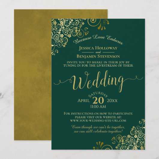 Elegant Emerald Green & Gold Wedding Livestream Kaart (Voorkant / Achterkant)