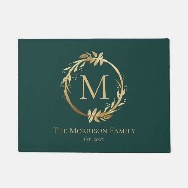Elegant Emerald Green Gold Wreater Family Monogram Deurmat (Voorkant)