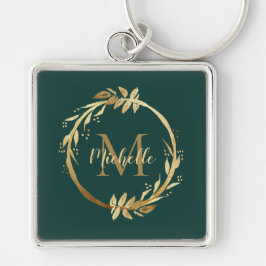 Elegant Emerald Green Gold Wreatname Monogram Sleutelhanger