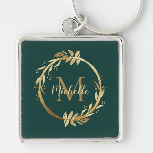 Elegant Emerald Green Gold Wreatname Monogram Sleutelhanger (Voorkant)