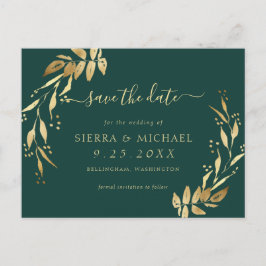 Elegant Emerald Green Golden Foliage Save the Date Aankondigingskaart