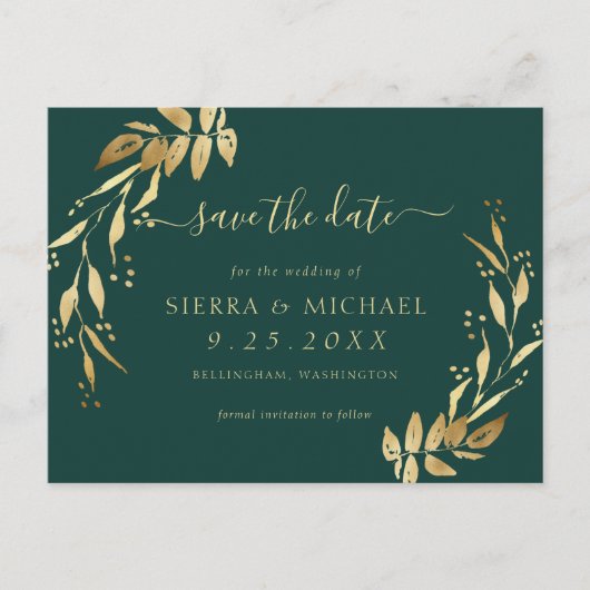 Elegant Emerald Green Golden Foliage Save the Date Aankondigingskaart (Voorkant)