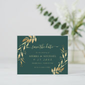 Elegant Emerald Green Golden Foliage Save the Date Aankondigingskaart (Staand voorkant)